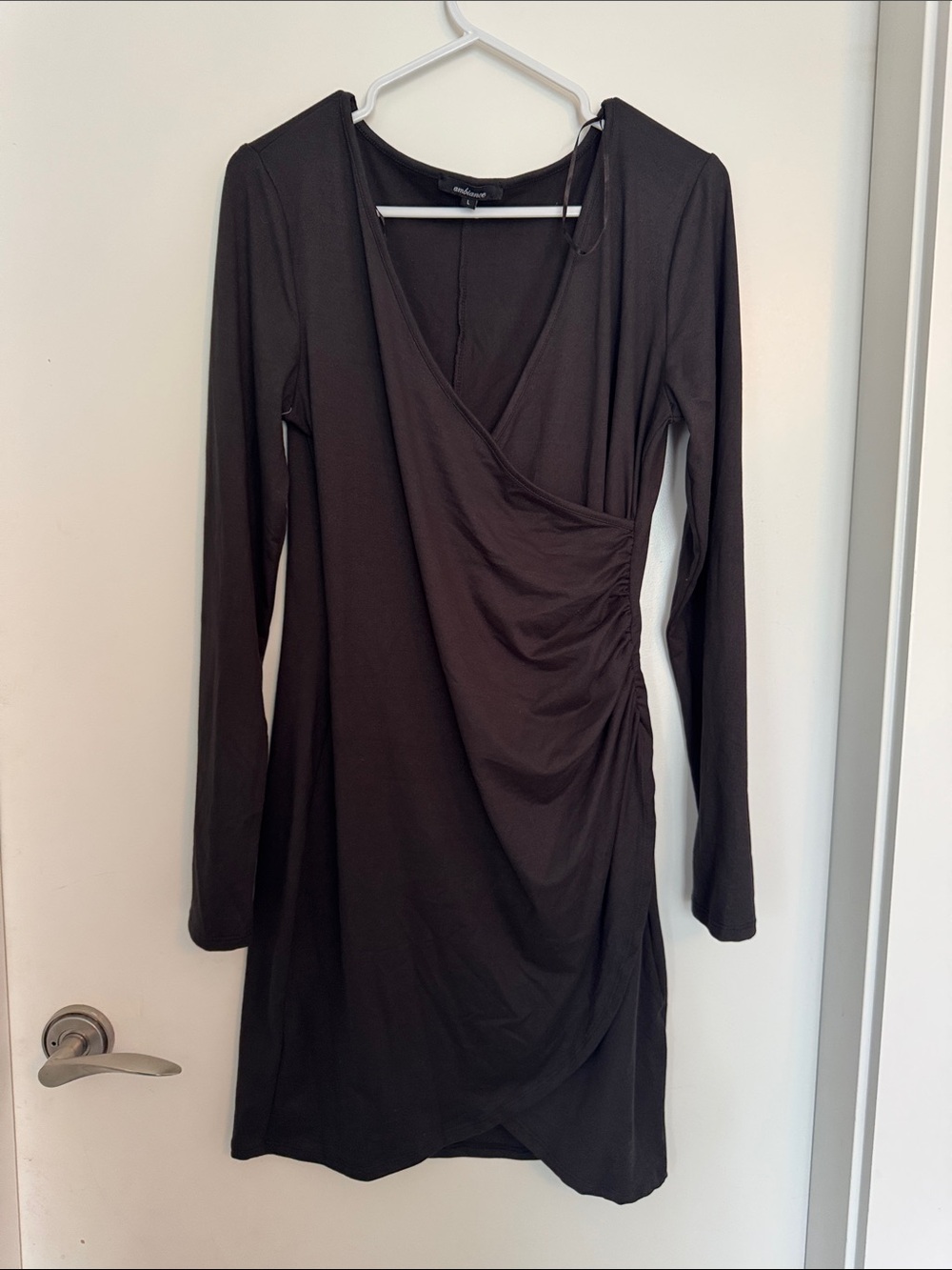 Ambiance Black Ruched Wrap Dress Size Large - Picture 2 of 5